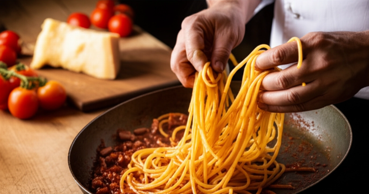 Mani di uno chef caucasico che mescolano bucatini freschi con sugo all'Amatriciana in una padella, in una cucina italiana rustica.
