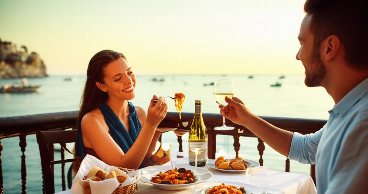 Coppia caucasica che degusta pasta allo scoglio in un ristorante costiero italiano al tramonto.