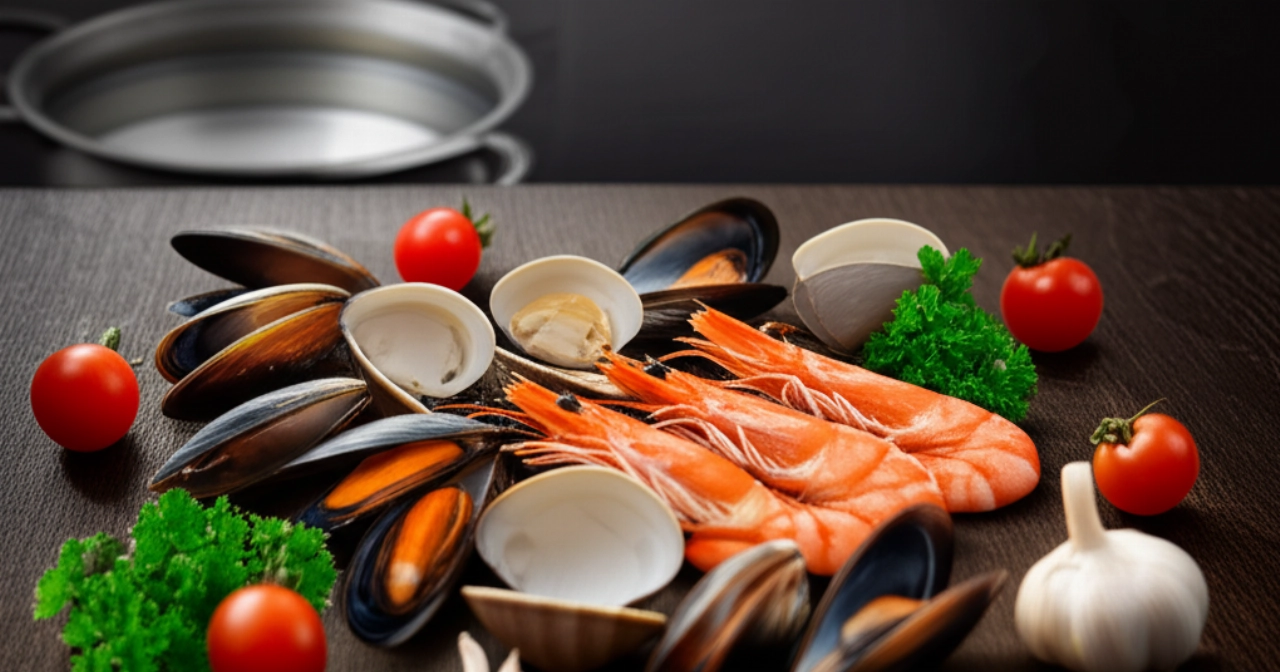 Ingredienti freschi e crudi per pasta allo scoglio, disposti artisticamente su un tavolo di legno.