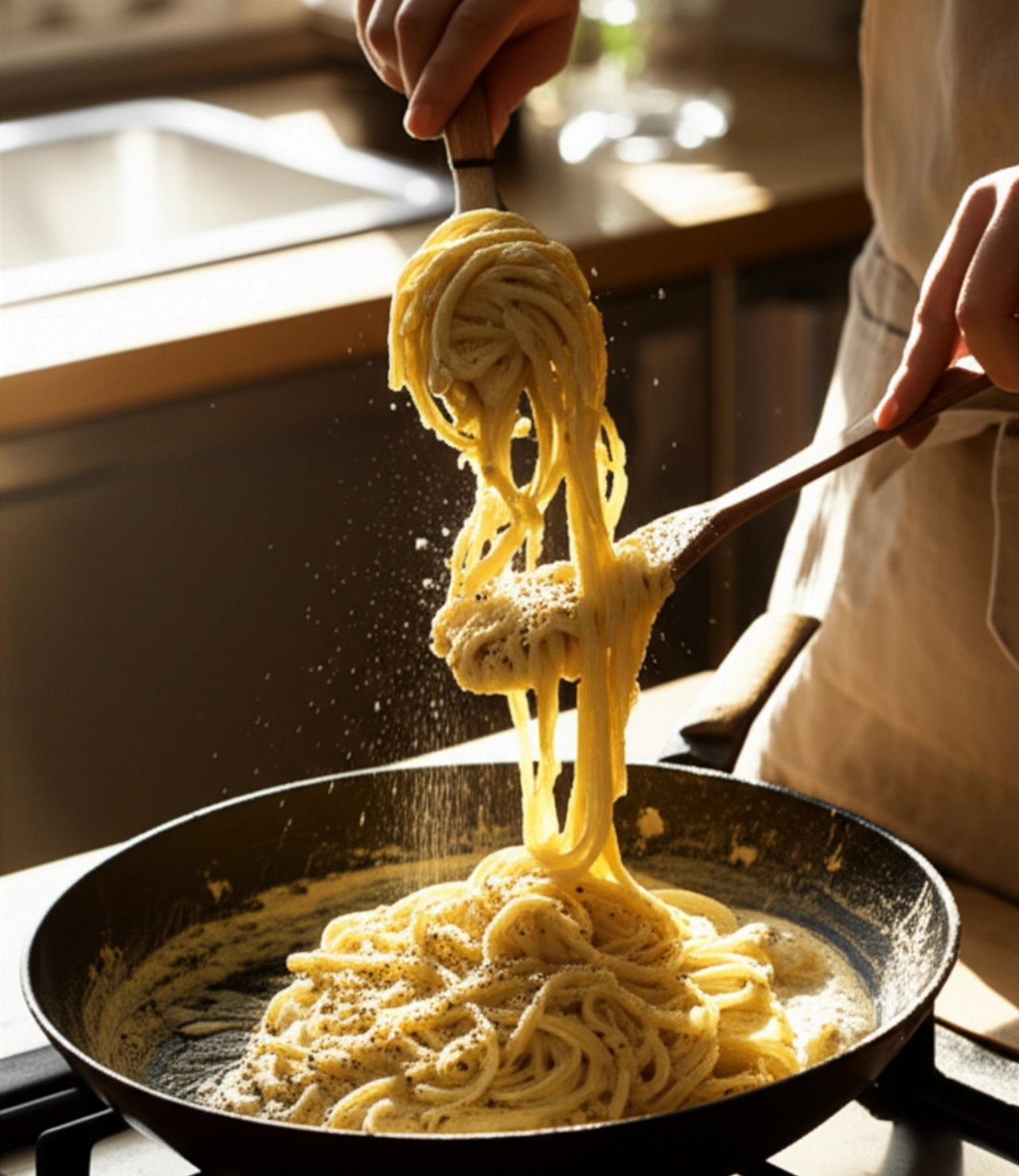 Scatto dinamico e iperrealistico di mani caucasiche che mescolano spaghetti con salsa Cacio e Pepe in una padella, mostrando il processo di preparazione in una cucina tradizionale.