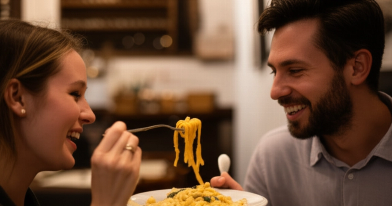 Scena iperrealistica di due amici caucasici che gustano piatti di Cacio e Pepe in una trattoria italiana, sorridendo e conversando in un'atmosfera calda e accogliente.