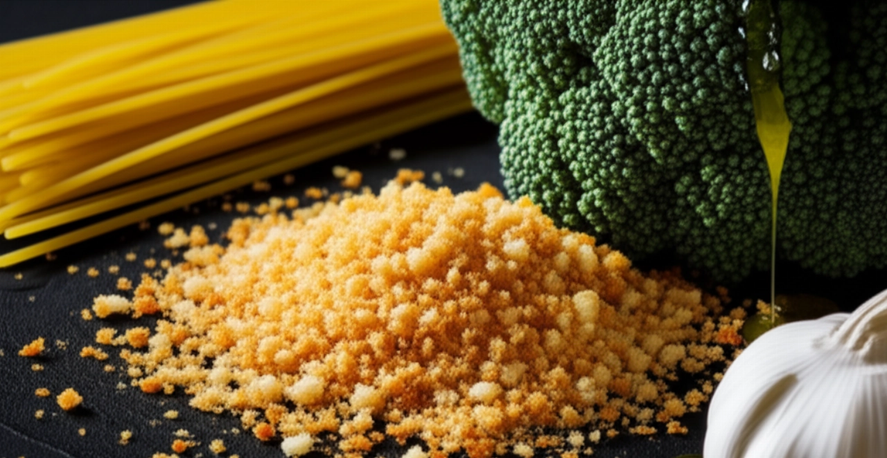 Гиперреалистичный крупный план свежих ингредиентов для 'pasta chi vruoccoli arriminati': зеленая брокколи, поджаренные панировочные сухари, сухая паста, чеснок и оливковое масло.