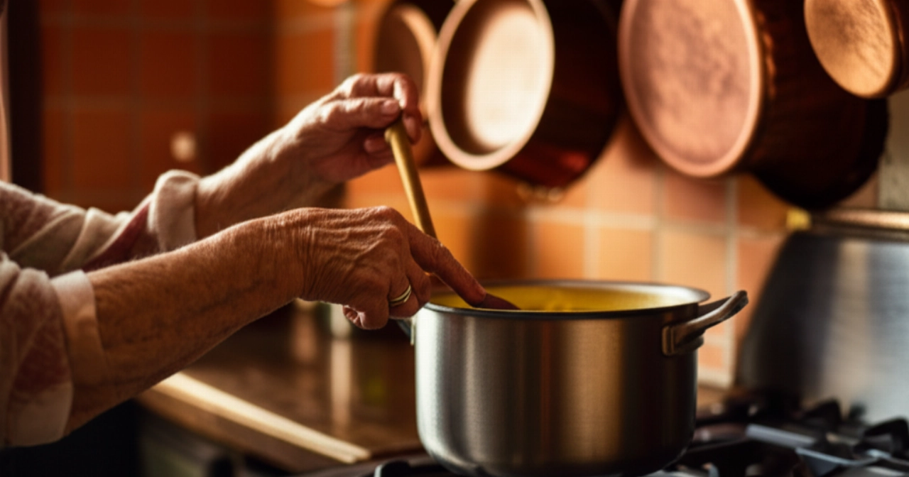 Le mani di una nonna caucasica mescolano delicatamente la pasta e ceci in una grande pentola, in una cucina tradizionale italiana illuminata dalla luce naturale.