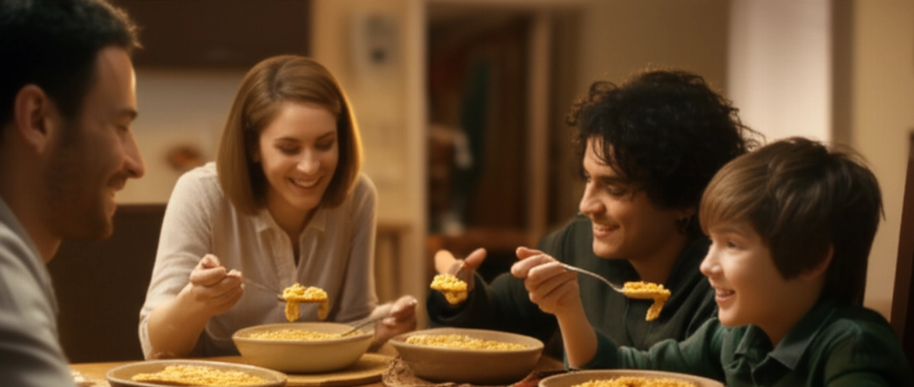 Una famiglia caucasica sorride e si gode una cena a base di pasta e ceci, seduta attorno a un tavolo da pranzo in un'atmosfera calda e accogliente.