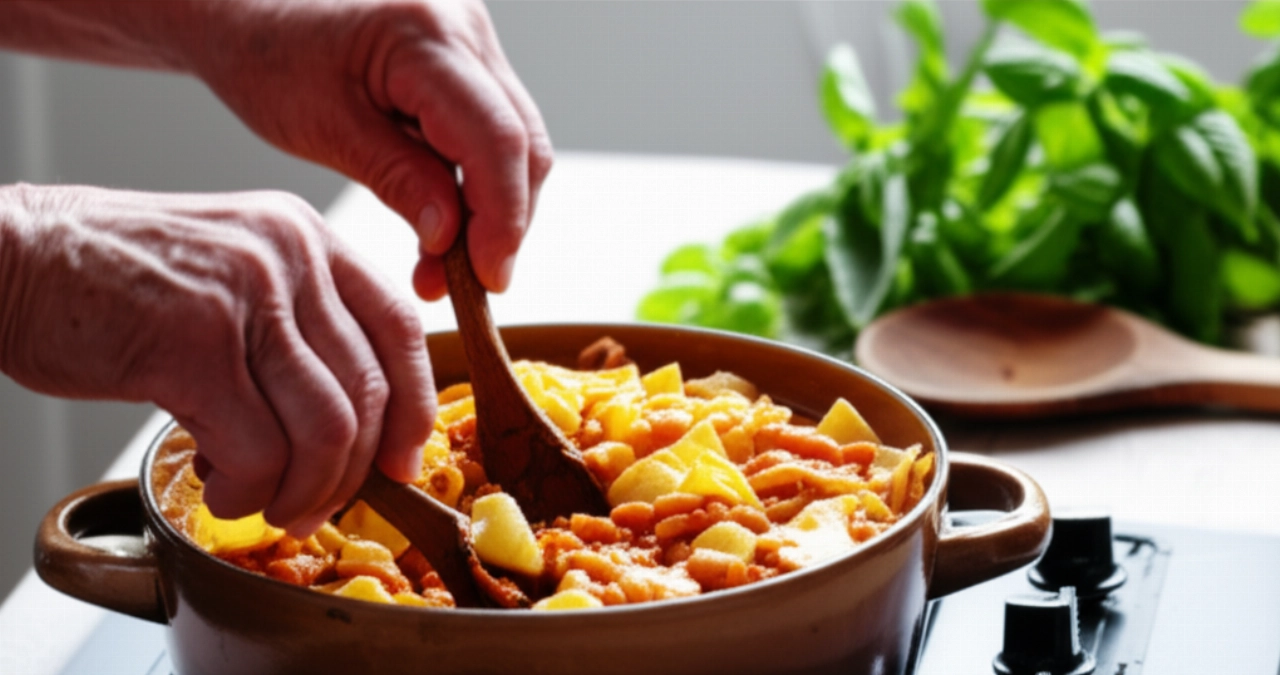 Mani caucasiche anziane che mescolano delicatamente una grande pentola di pasta e fagioli su un fornello in una cucina tradizionale.
