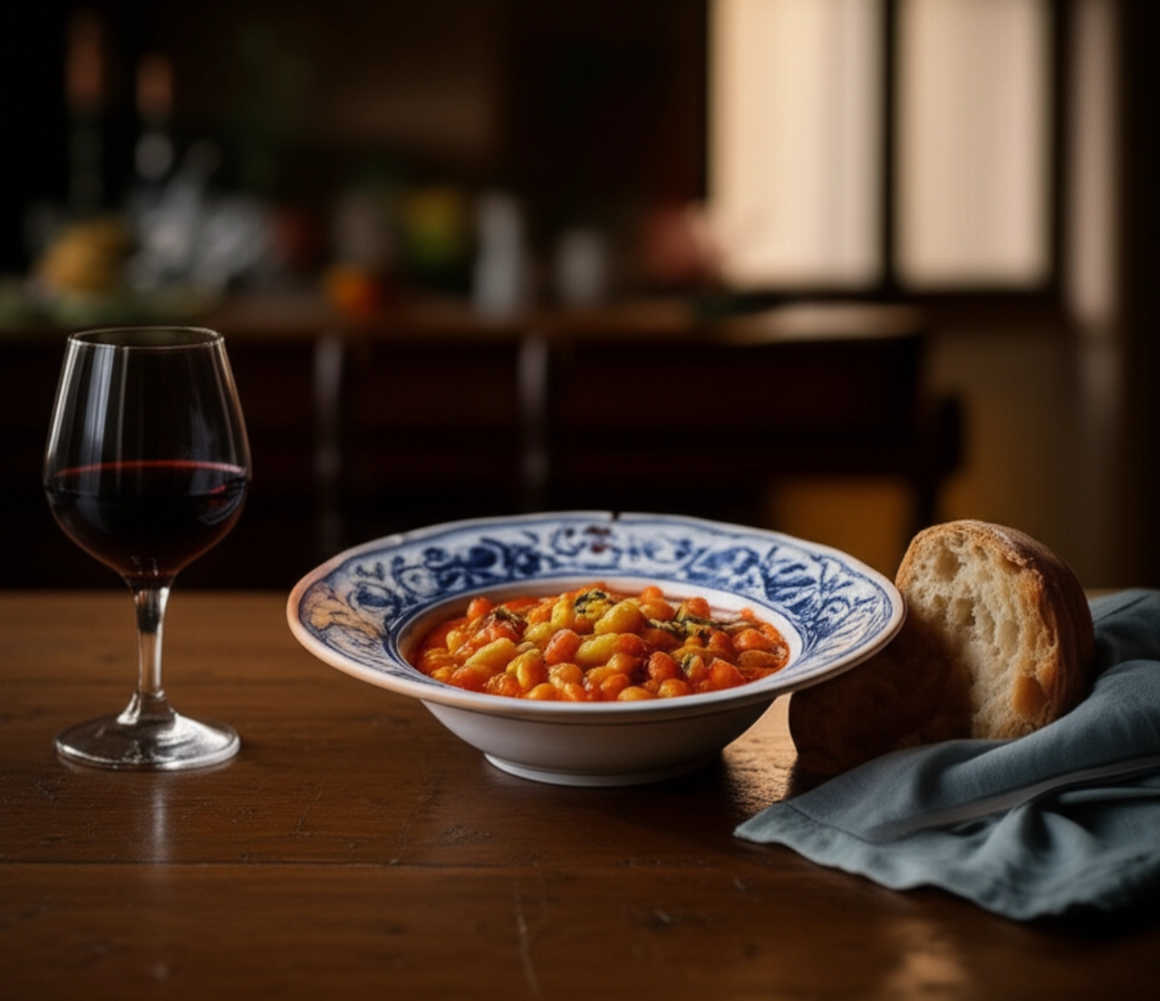 Una ciotola di pasta e fagioli su un tavolo da pranzo in legno vintage, accompagnata da pane croccante e un bicchiere di vino rosso, in un ambiente accogliente.