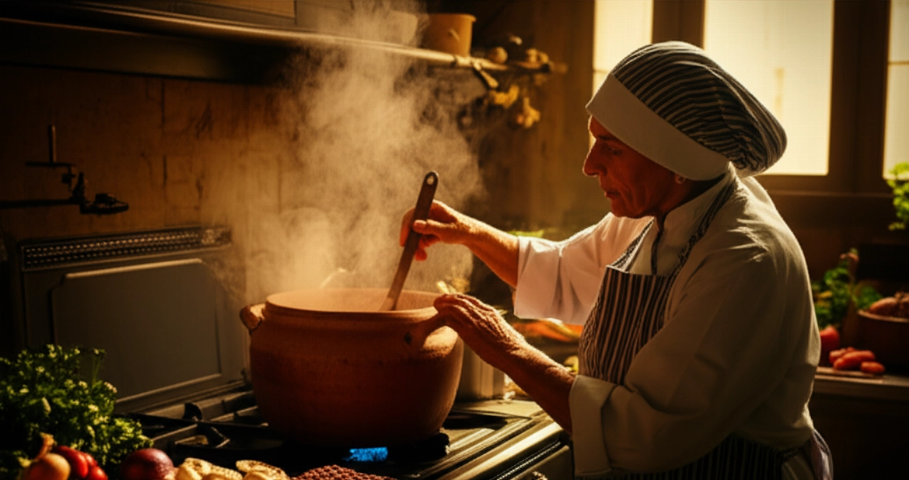 Una abuela caucásica en una cocina veneciana tradicional revolviendo la Pasta e Fagioli en una olla de barro.
