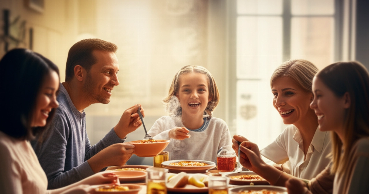 Una familia caucásica sonriente compartiendo una comida de Pasta e Fagioli a la veneciana en un acogedor hogar veneciano.