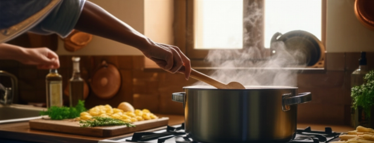 Mani caucasiche mescolano la Pasta e Patate in una pentola su un fornello in una cucina rustica italiana, con luce naturale che illumina la scena.