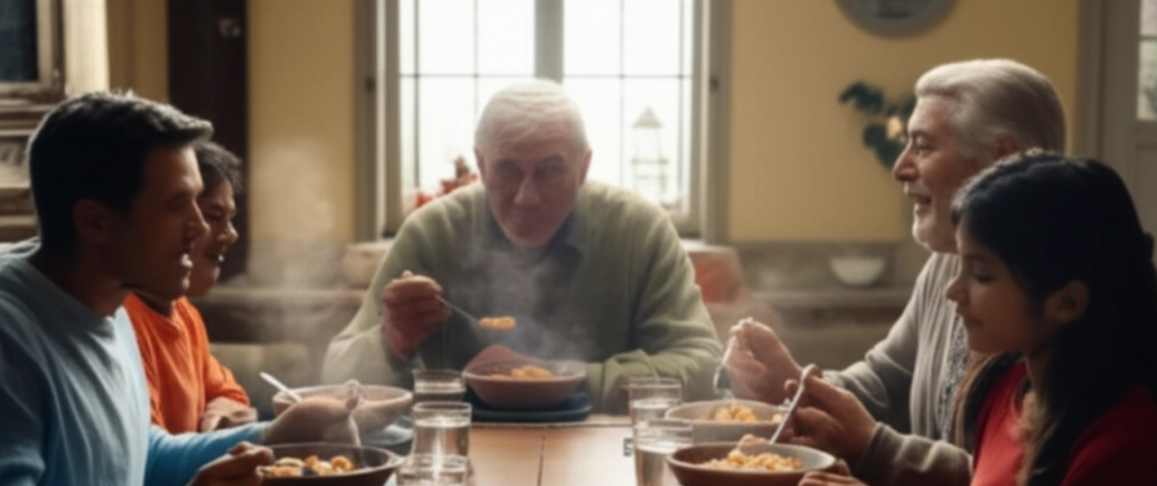 Una famiglia caucasica multigenerazionale sorride e gusta insieme piatti di Pasta e Patate a un tavolo da pranzo, in un'atmosfera calda e accogliente.