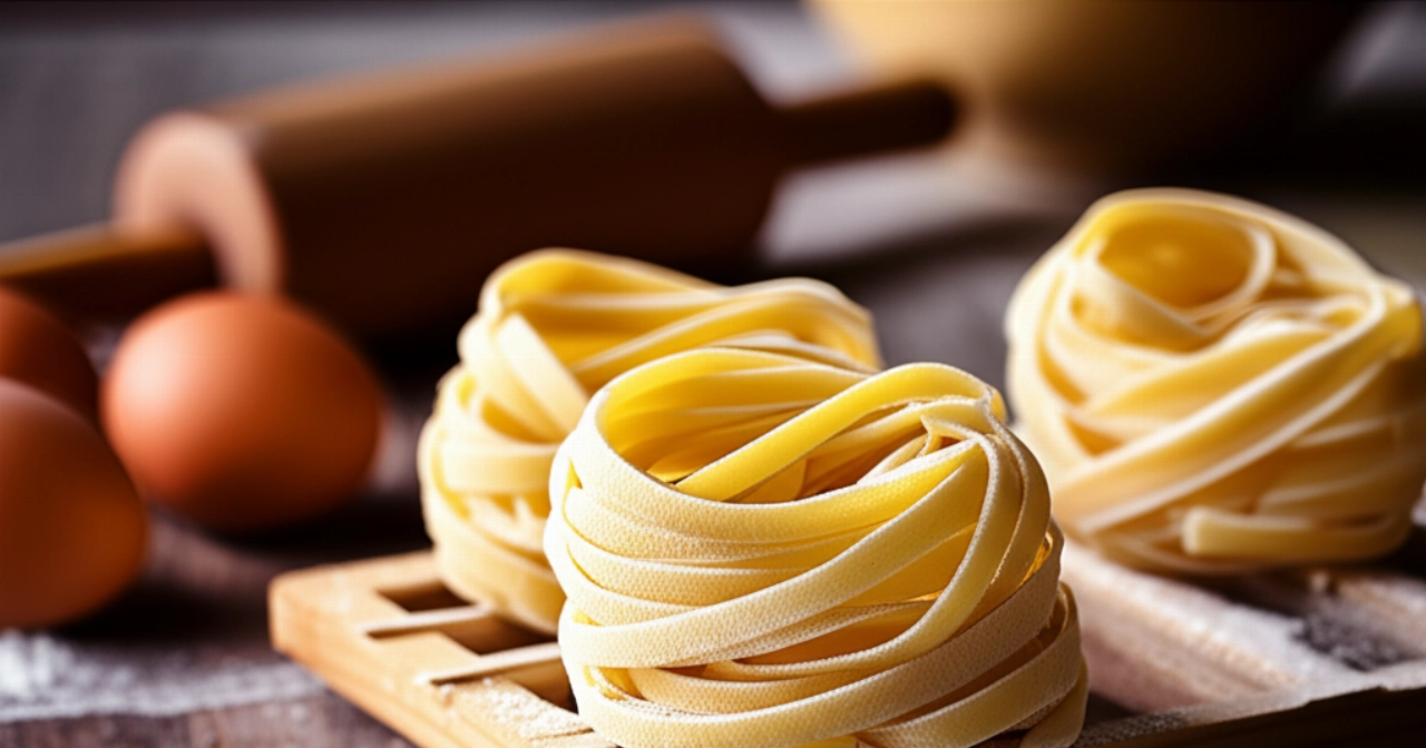 Frische Eier-Tagliatelle, frisch zubereitet und leicht bemehlt, auf einem hölzernen Trockengestell ausgelegt, mit Eiern und Nudelholz im Hintergrund.