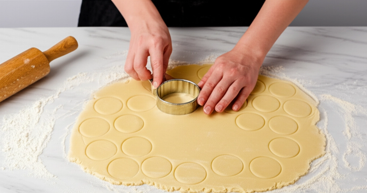 Lámina de masa quebrada extendida sobre una superficie de mármol, con manos caucásicas cortando galletas o colocándola en un molde para tarta.