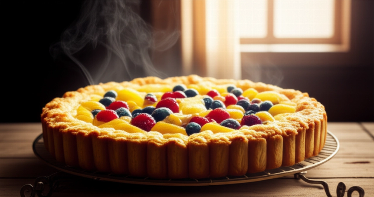 Una tarta dorada recién horneada, hecha con masa quebrada, sobre una rejilla de enfriamiento de madera, con luz solar difusa al fondo.