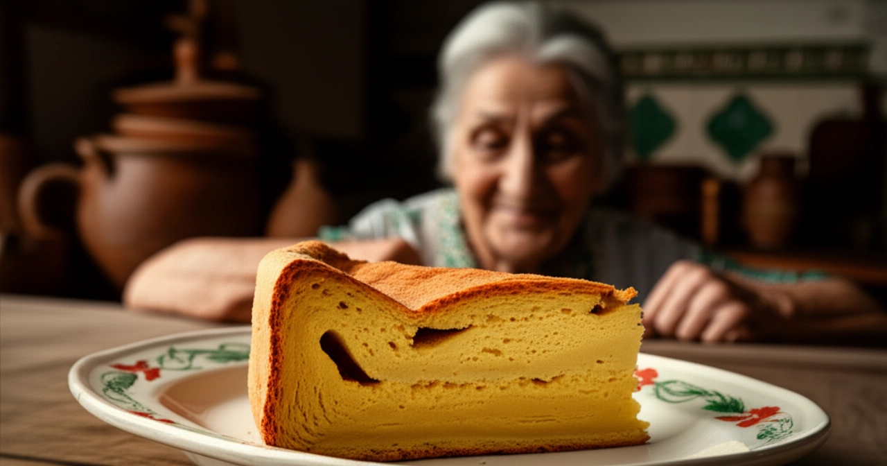 Rebanada de Pastiera Napolitana en un plato de cerámica antigua sobre una mesa de madera rústica, con una abuela caucásica sonriente y cariñosa al fondo en una cocina tradicional italiana.