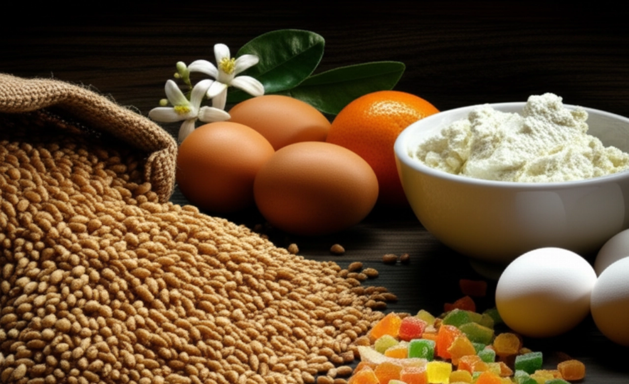 Composición hiperrealista de los ingredientes frescos para la Pastiera Napolitana: trigo, ricotta, frutas confitadas, huevos y azahar, dispuestos sobre una superficie de madera oscura.