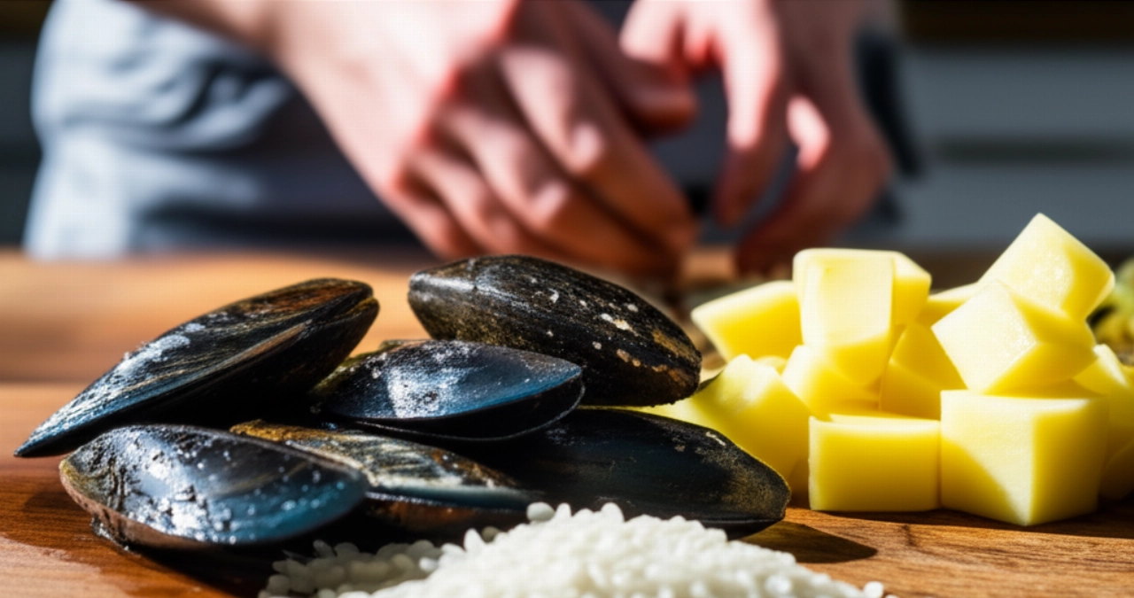Scatto macro iperrealistico di ingredienti freschi per Patate Riso e Cozze: cozze lucide, patate crude e riso, con mani caucasiche sullo sfondo.