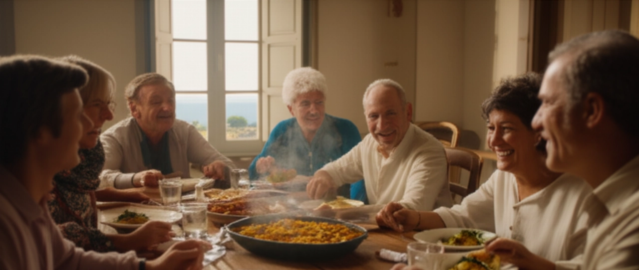 Scena cinematica iperrealistica di una famiglia caucasica che si gode un piatto di Patate Riso e Cozze attorno a un tavolo rustico in una casa italiana accogliente.