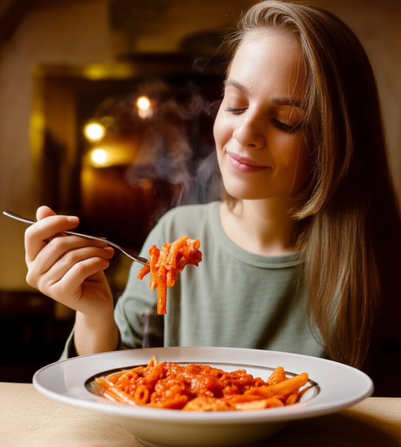 Donna caucasica sorridente mentre gusta un piatto di Penne all'Arrabbiata in una trattoria italiana, con vapore che sale dal piatto.
