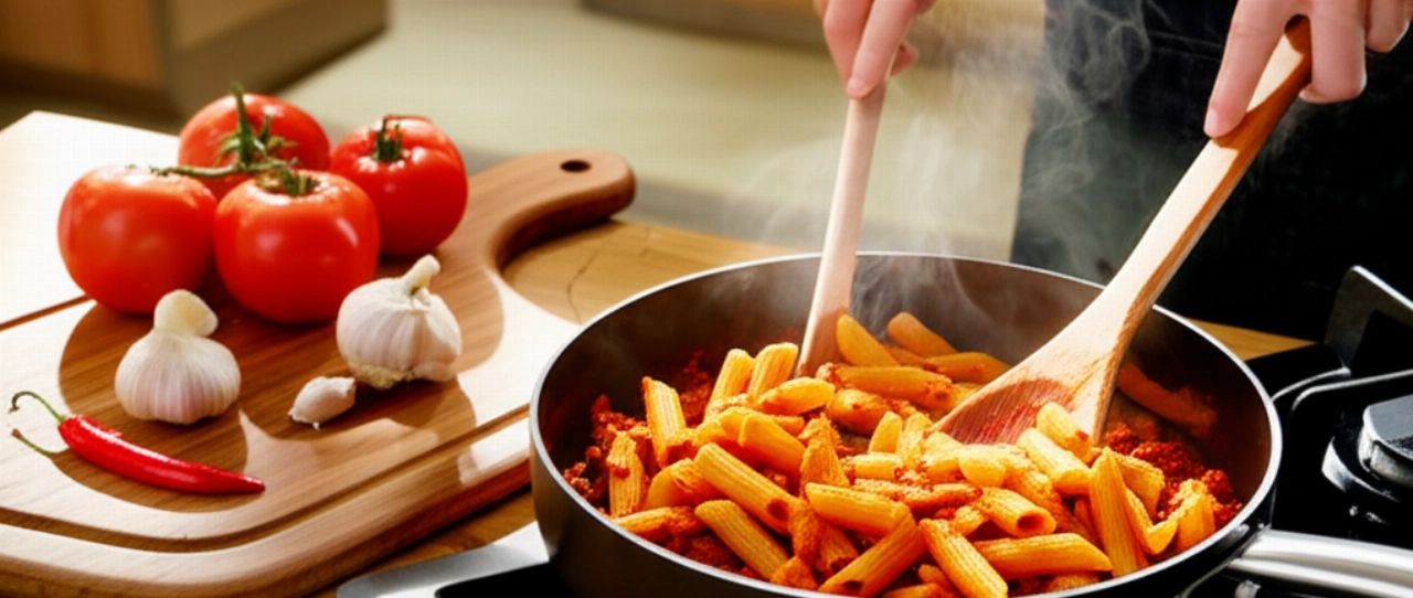 Scena iperrealistica di Penne all'Arrabbiata mescolate in padella da una mano caucasica, con ingredienti freschi come pomodori e peperoncini in primo piano.