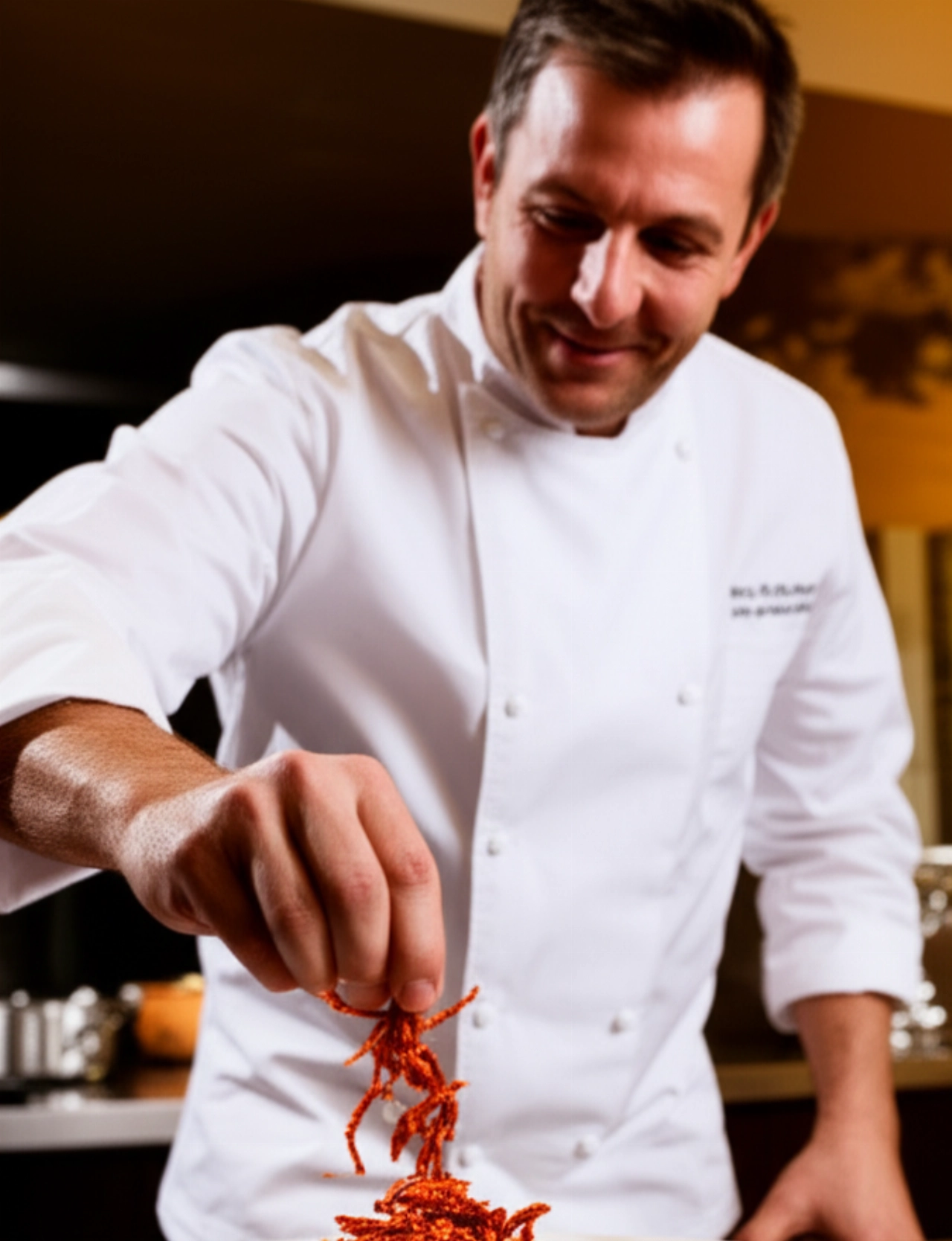 Chef caucasien souriant saupoudrant des poivrons cruschi croustillants sur un plat de pâtes, dans une cuisine moderne avec une lumière chaude.