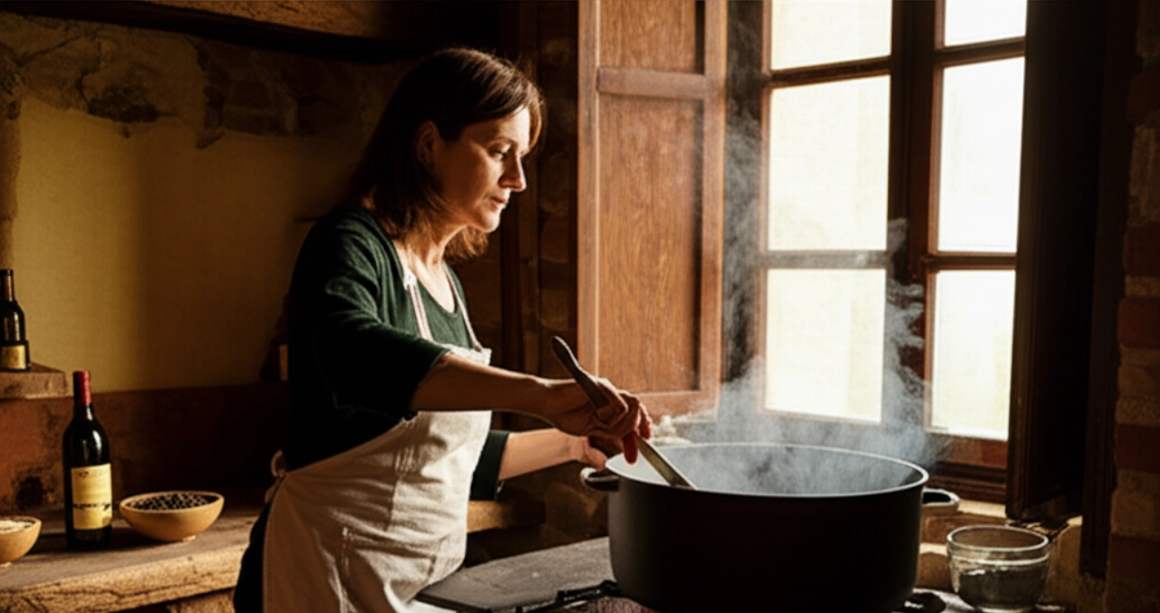 Una mujer caucásica en una cocina toscana tradicional revuelve el Peposo Dell'Impruneta en una olla de hierro fundido.