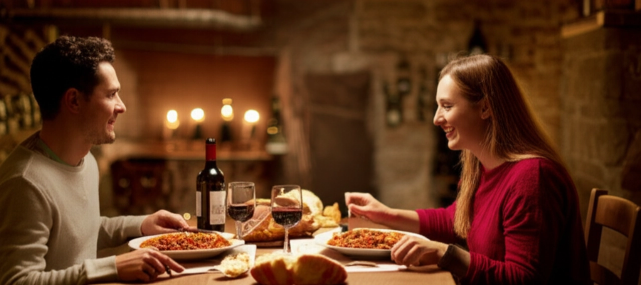 Una pareja caucásica sonriente cena en una trattoria toscana, disfrutando del Peposo Dell'Impruneta en un ambiente acogedor.