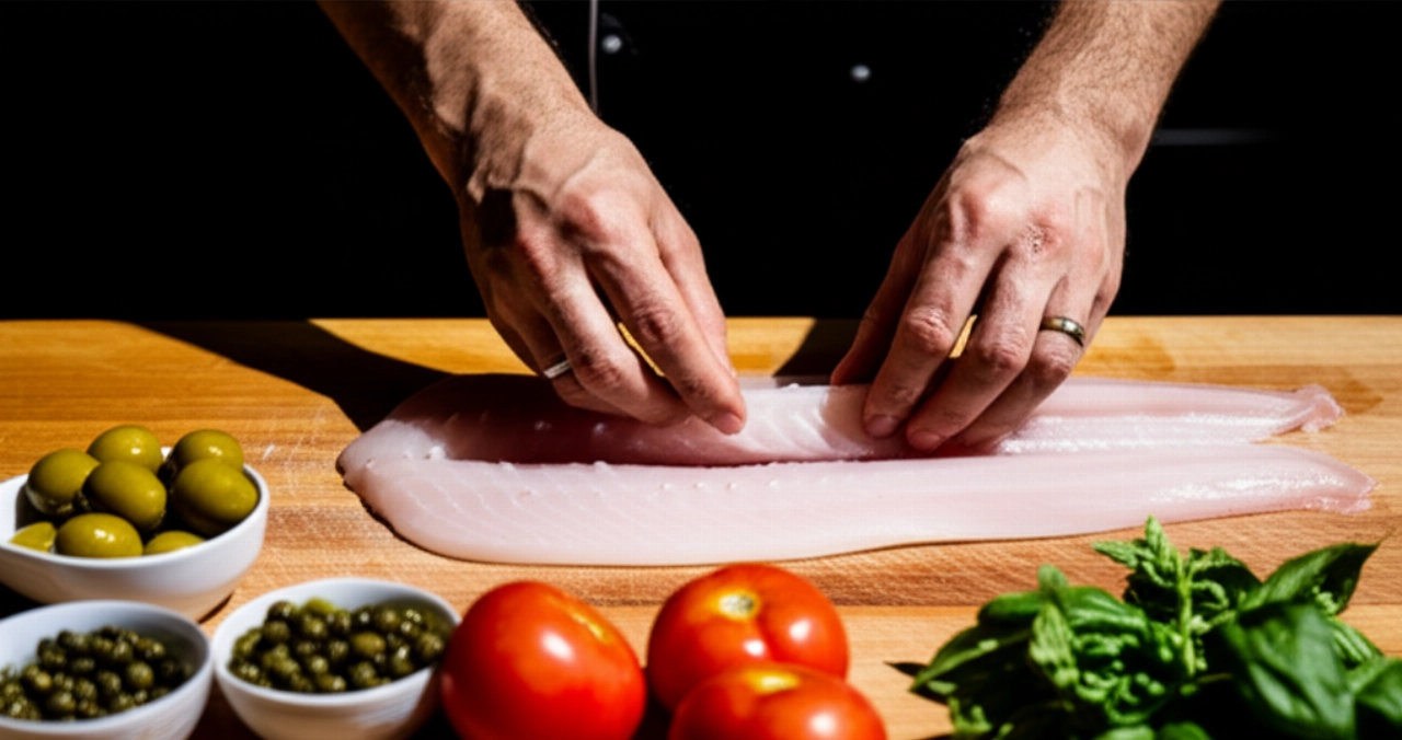 Mani di uno chef caucasico che preparano ingredienti freschi per il pesce spada alla siciliana in una cucina tradizionale siciliana illuminata dal sole.