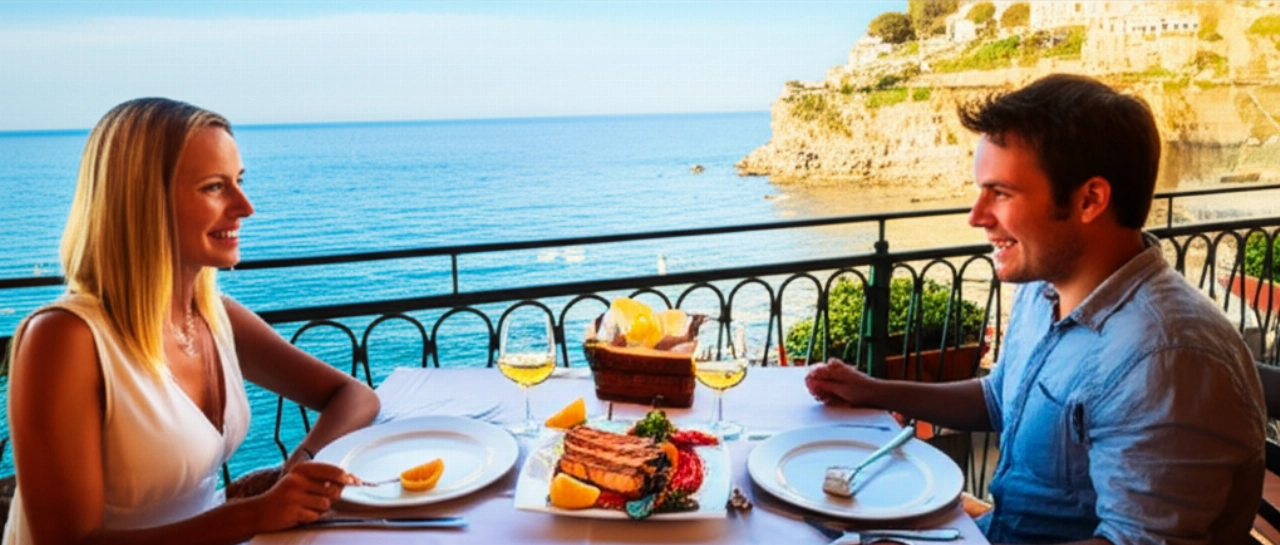 Coppia caucasica che gusta un piatto di pesce spada alla siciliana su una terrazza panoramica con vista sul mare in Sicilia al tramonto.