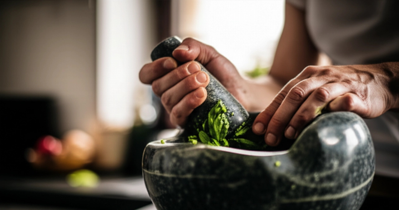 Mani caucasiche che preparano il pesto alla genovese in un mortaio di marmo, mettendo in risalto la consistenza verde del pesto.