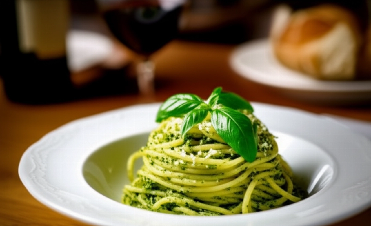 Piatto di trenette al pesto alla genovese, splendidamente impiattato e guarnito, su un tavolo di legno rustico.