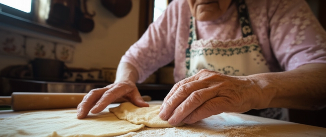 Руки пожилой кавказской бабушки, замешивающей тесто для Пьядины на деревянной разделочной доске в традиционной кухне.