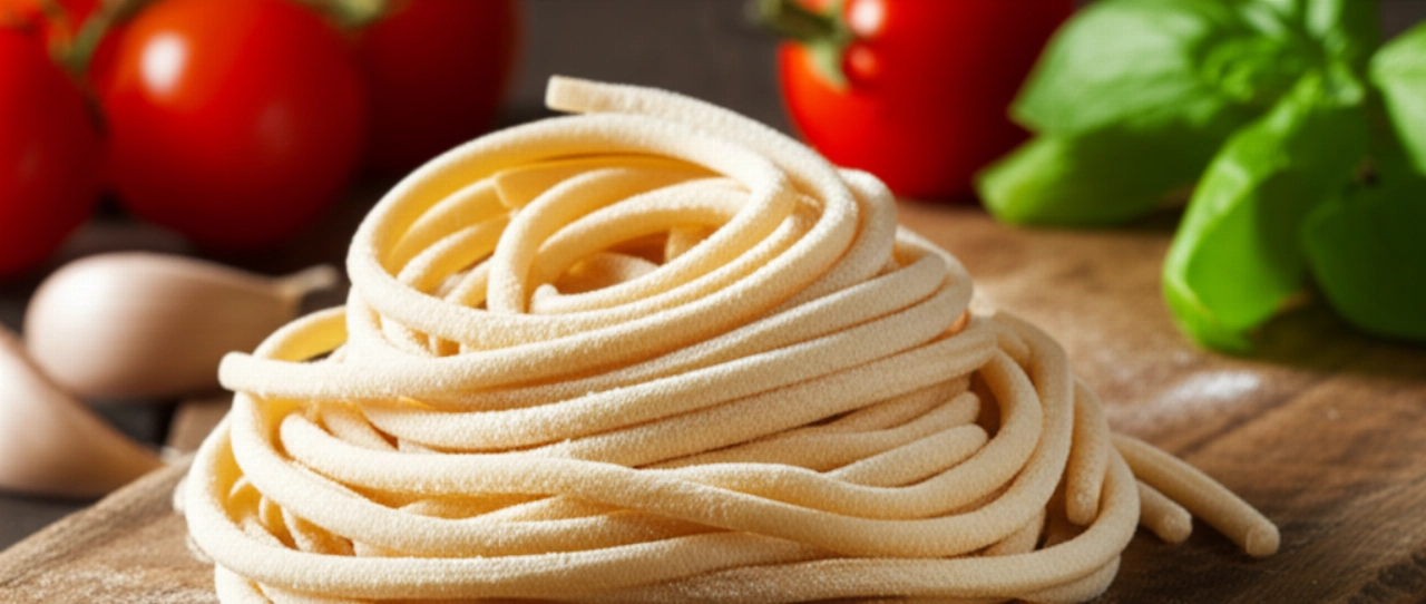 Ein Haufen frischer handgemachter Pici, mit Mehl bestäubt, auf einem antiken Holzschneidebrett, mit verschwommenen Tomaten und Basilikum im Hintergrund.