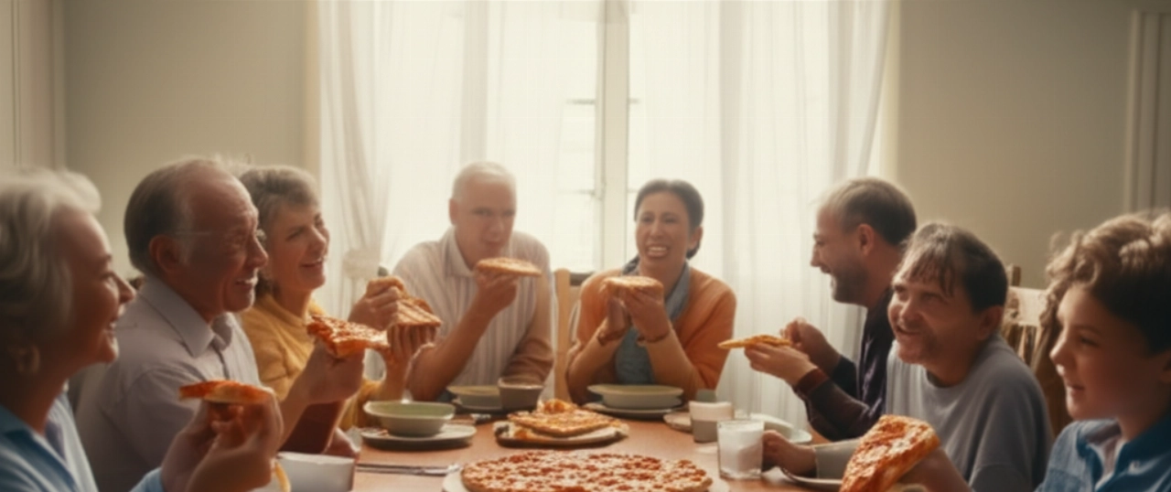 Scena iperrealistica e commovente di una famiglia caucasica multigenerazionale riunita attorno a un grande tavolo. Alcuni membri mangiano pizza, altri gustano minestrone, con espressioni di gioia e calore familiare.
