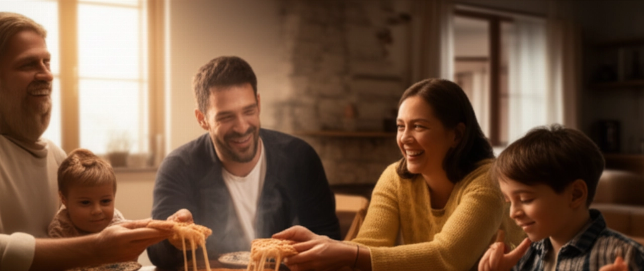 Famiglia caucasica felice che condivide una pizza fatta in casa a tavola, in un'atmosfera accogliente.