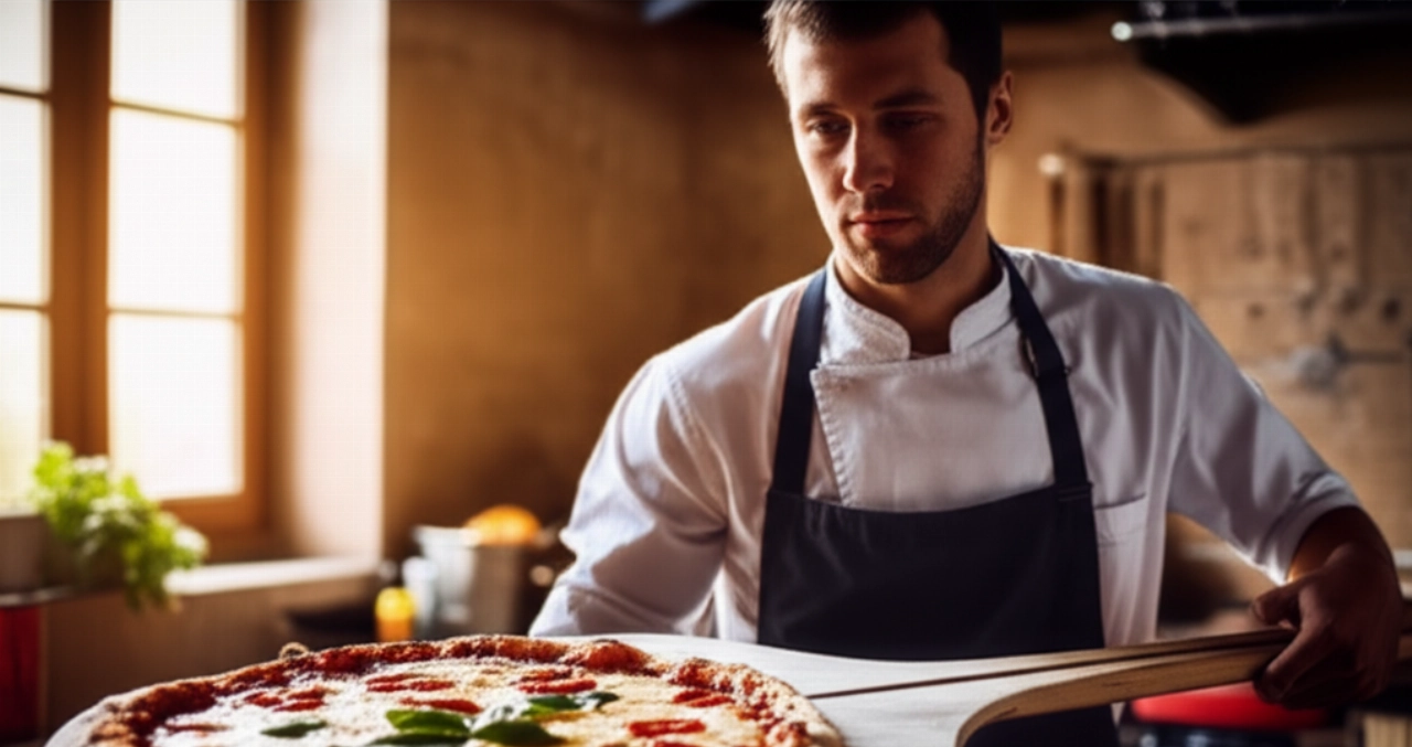 Un cuoco caucasico concentrato mentre inforna una Pizza Margherita perfetta in una cucina rustica, con luce naturale.