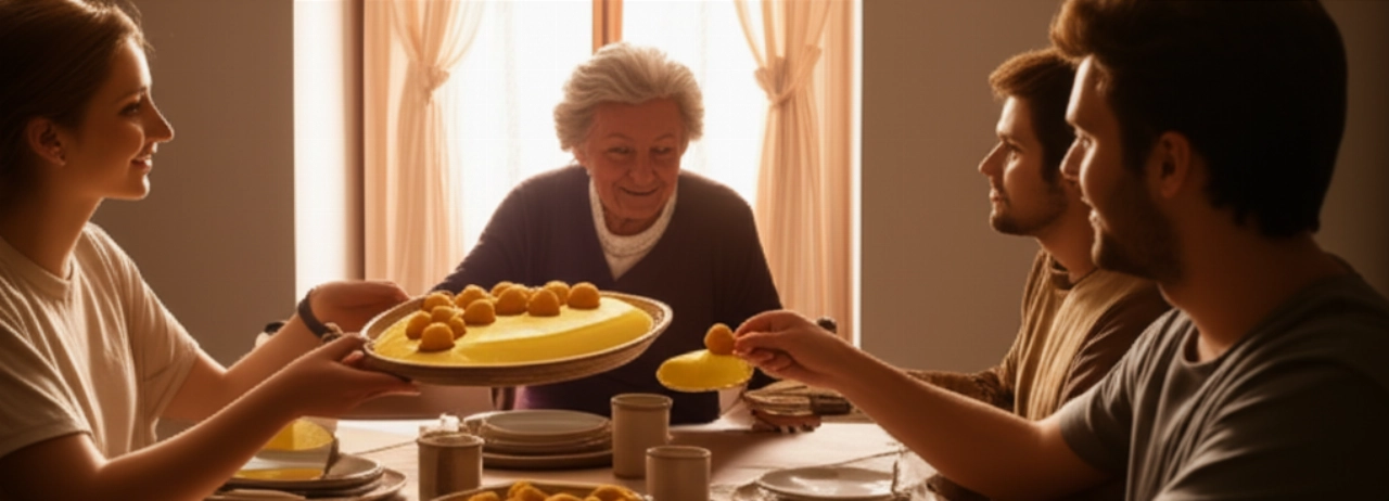 Una famiglia caucasica riunita attorno a un tavolo rustico, con una nonna che serve la Polenta e Osei, catturando un momento di calore e tradizione familiare.