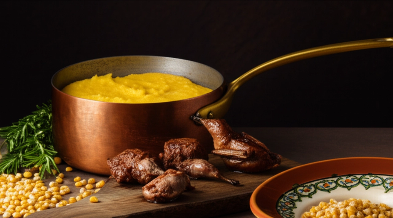 Una composizione iperrealistica di natura morta che mostra gli ingredienti della Polenta e Osei: una pentola di rame con polenta, uccelli arrostiti su un tagliere di legno e spezie, in un'ambientazione rustica.