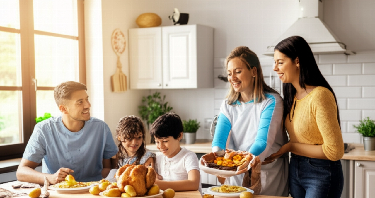 Hyperrealistic scene of a Caucasian family sharing a roasted chicken with potatoes in a warm domestic atmosphere, with happy and natural expressions.