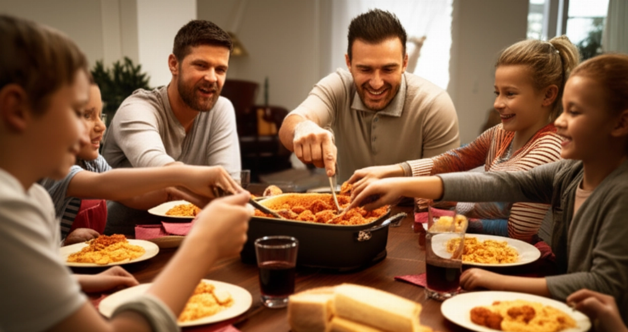 Hyperrealistische Szene einer kaukasischen Familie, die eine Mahlzeit mit Fleischbällchen in Soße teilt, mit glücklichen Ausdrücken und einer gemütlichen Atmosphäre.