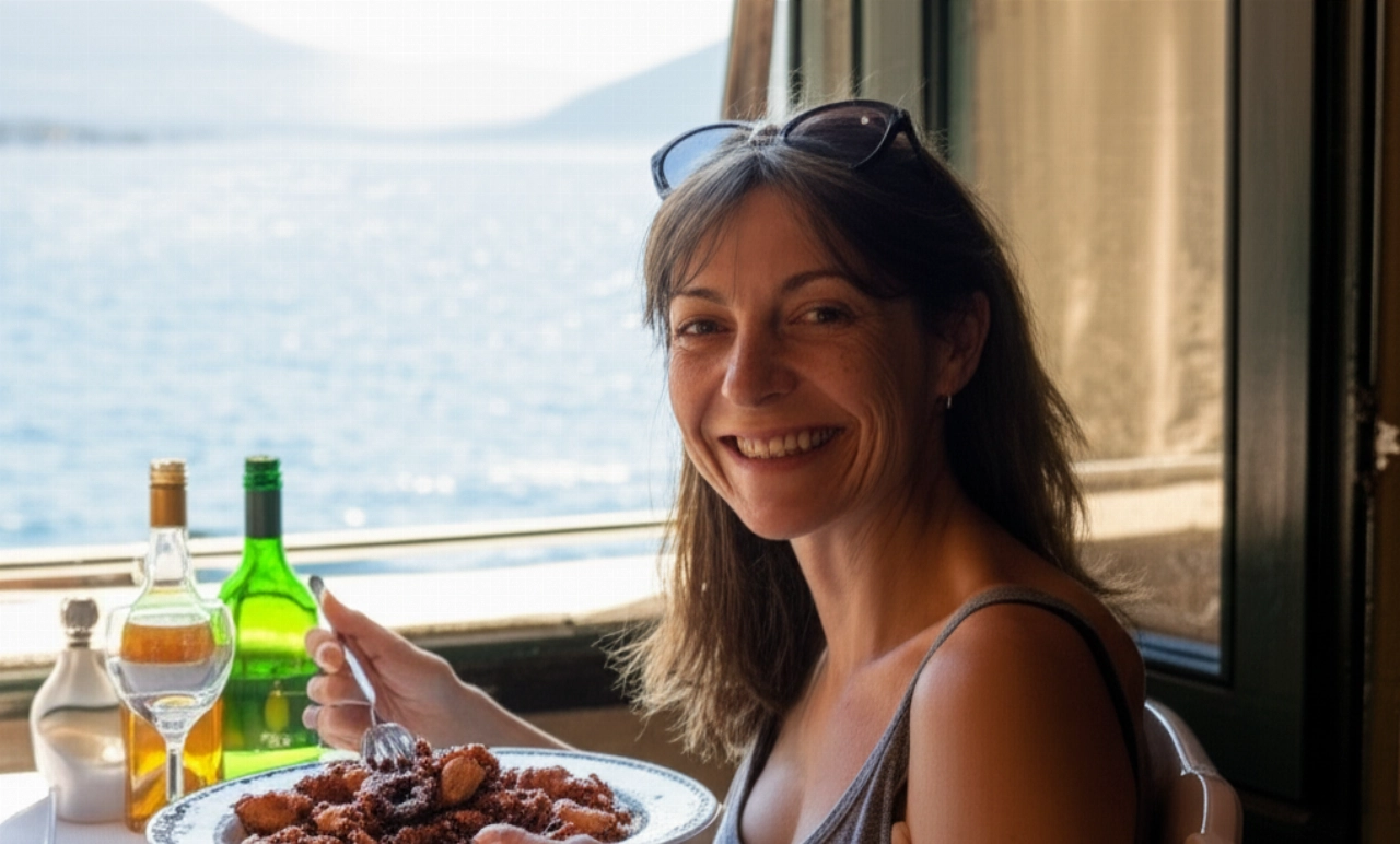 Una mujer caucásica sonriente disfrutando de un plato de Pulpo a la Luciana en una trattoria napolitana tradicional con vistas al mar, capturada con luz natural y detalles hiperrealistas.