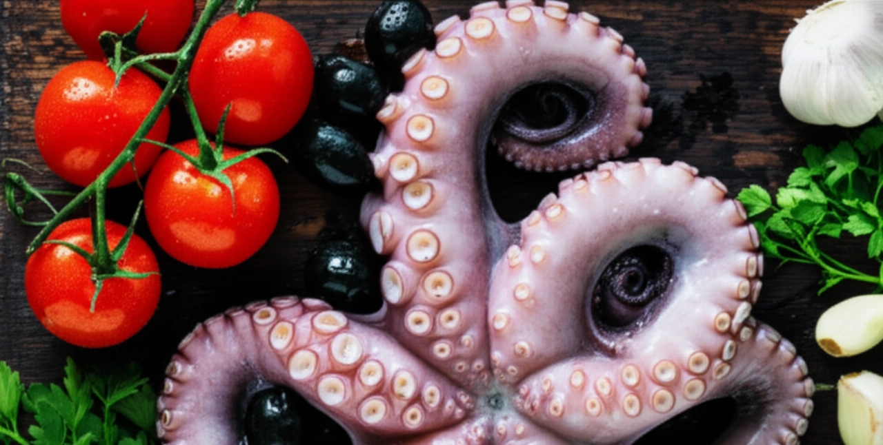 Ingredientes frescos e hiperrealistas para el Pulpo a la Luciana: pulpo crudo, tomates, aceitunas y perejil sobre una tabla de cortar de madera rústica, con detalles nítidos y luz natural.