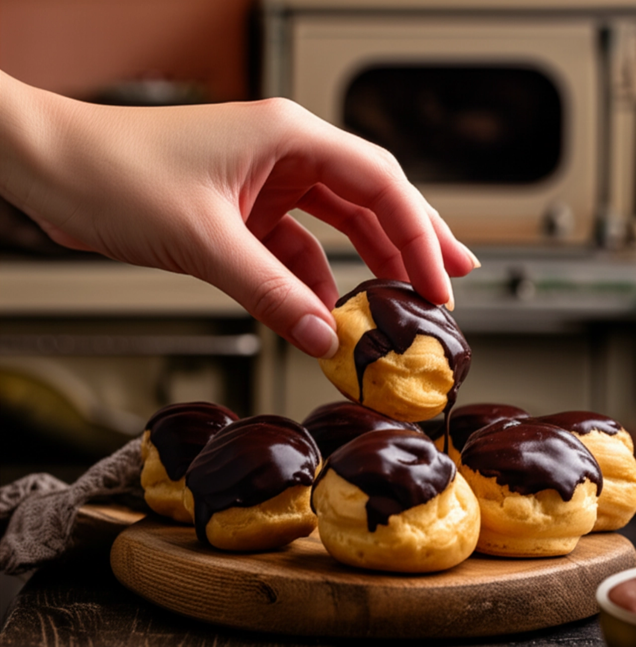 Mano di una donna caucasica che prende un profiterole da un tagliere rustico, con profiteroles fatti in casa e cioccolato fuso, in una scena iperrealistica.