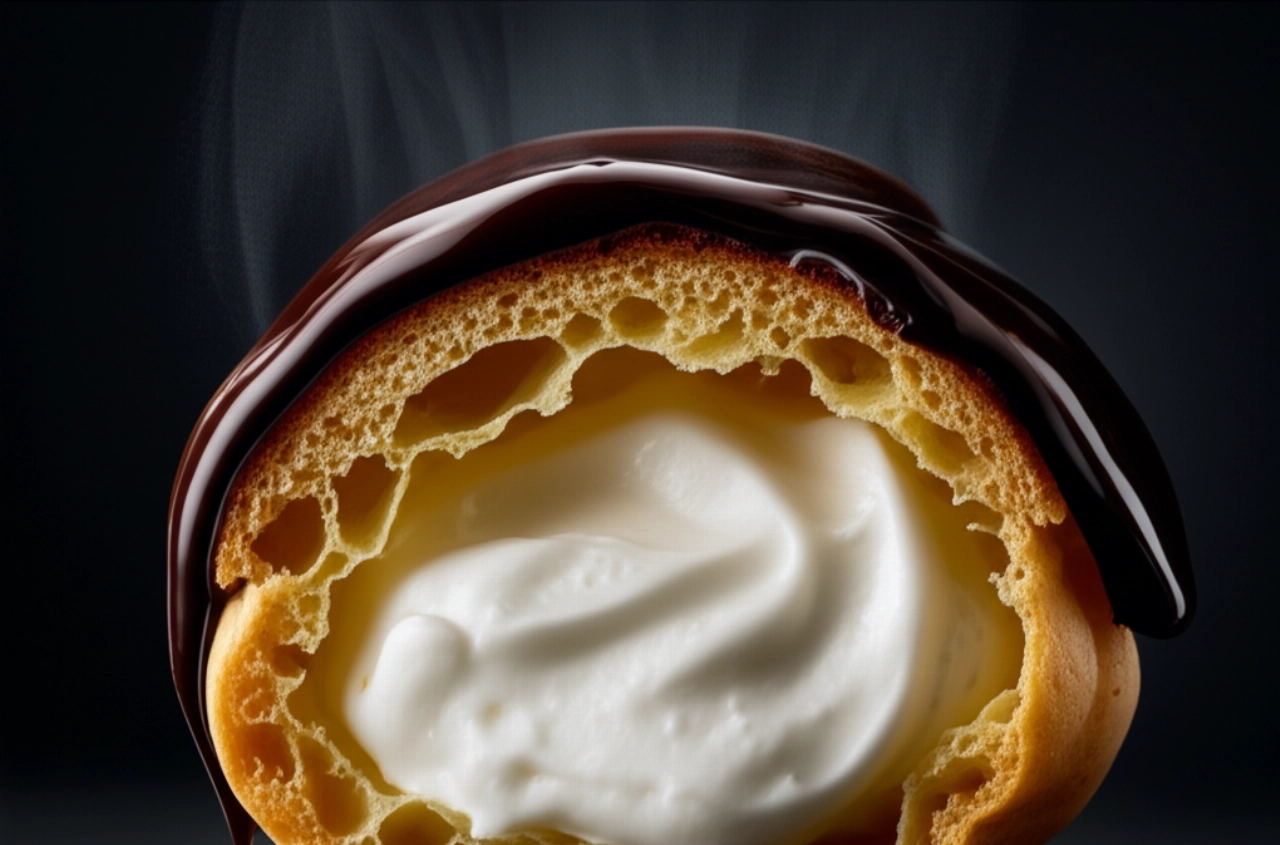 Primo piano iperrealistico di un singolo profiterole tagliato, che mostra la crema Chantilly e la glassa di cioccolato fondente, con vapore sottile.