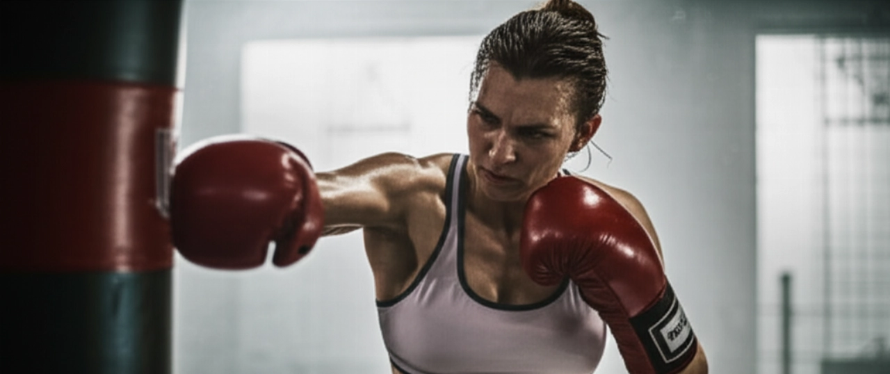 Scatto iperrealistico di una pugile caucasica che si allena in palestra, colpendo un sacco da boxe con determinazione.
