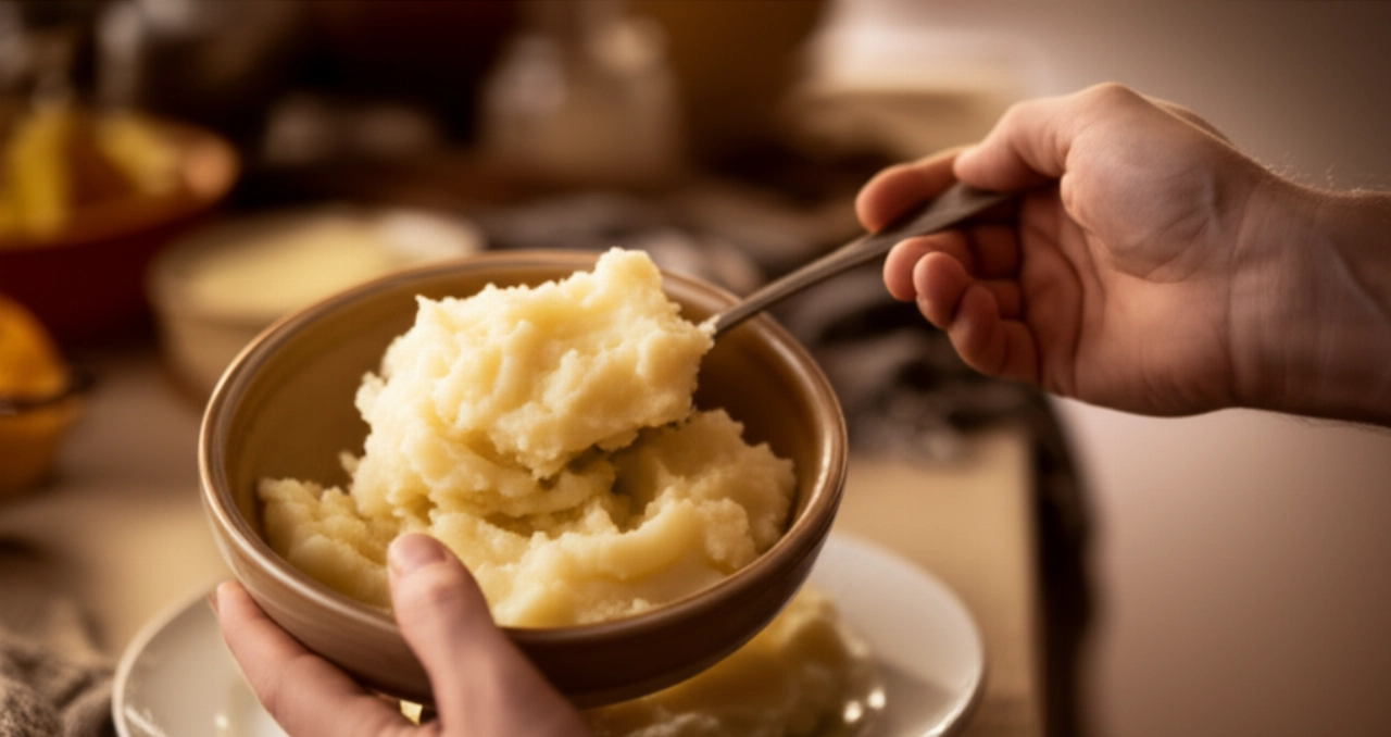 Caucasian hands serving a generous portion of mashed potatoes, in a cozy home setting.