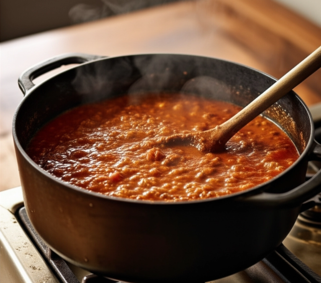 Hyperrealistischer gusseiserner Topf mit Bolognese-Ragout, das langsam auf einem Herd köchelt, mit sichtbarem Dampf und reichhaltigen Zutaten.