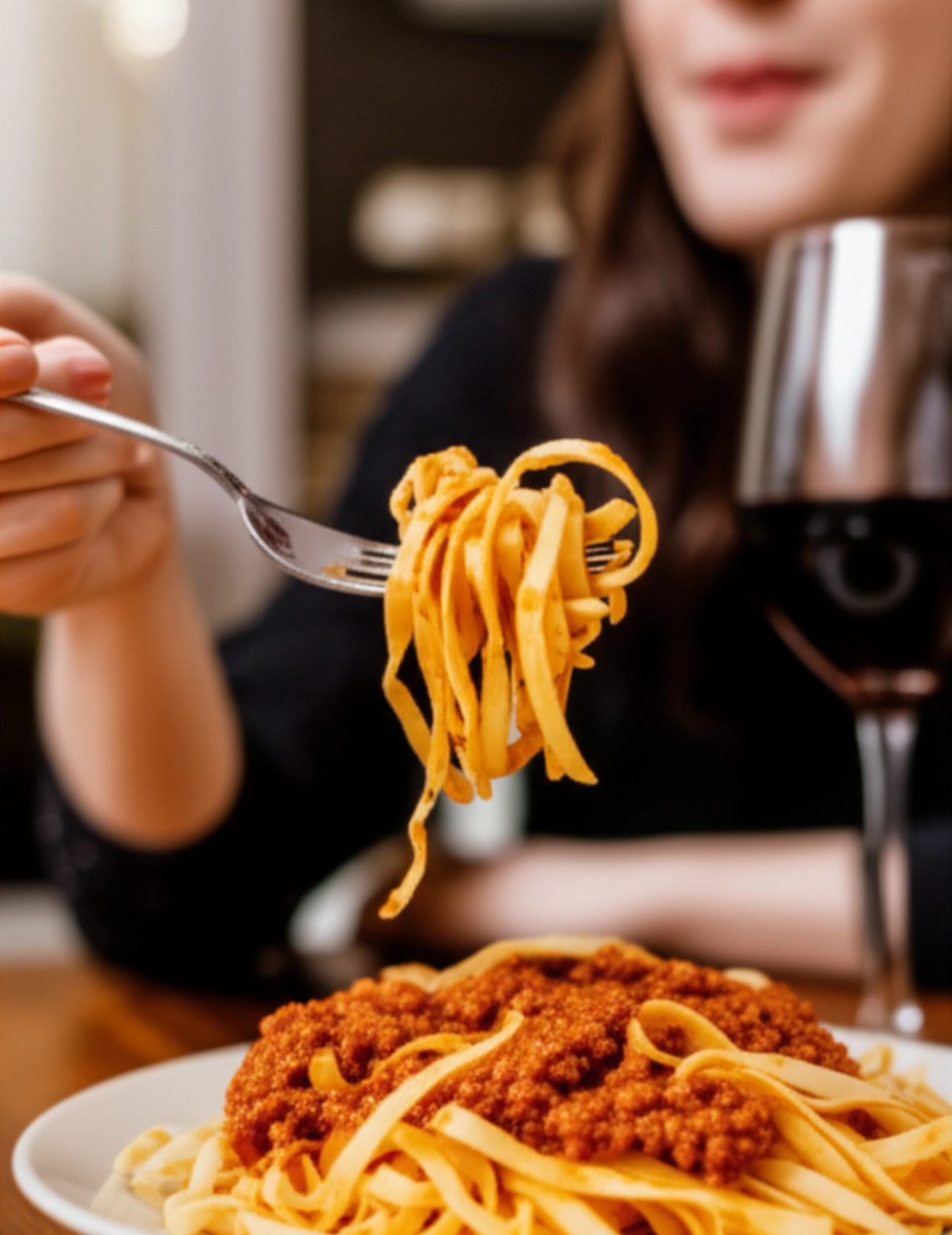 Hyperrealistische Hände einer kaukasischen Person, die sich darauf vorbereiten, einen Teller Tagliatelle mit Bolognese-Ragout auf einem Holztisch zu genießen.