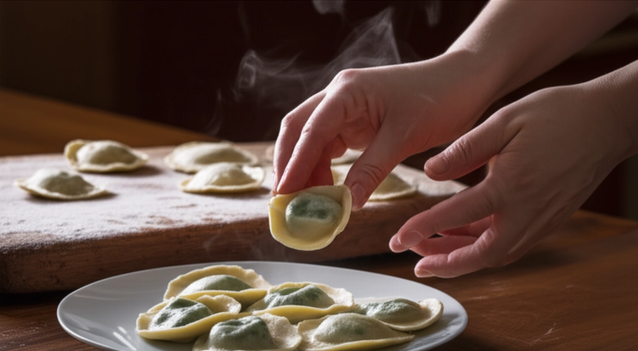Scène hyperréaliste de mains caucasiennes servant des raviolis fumants à la ricotta et aux épinards sur une assiette, avec une planche à découper en bois en arrière-plan.