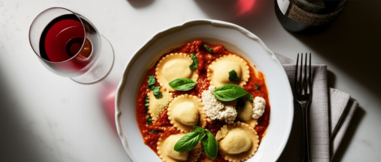 Vue plongeante hyperréaliste d'une table à manger avec une assiette de raviolis à la ricotta et aux épinards, du vin rouge et des couverts, créant une atmosphère chaleureuse.
