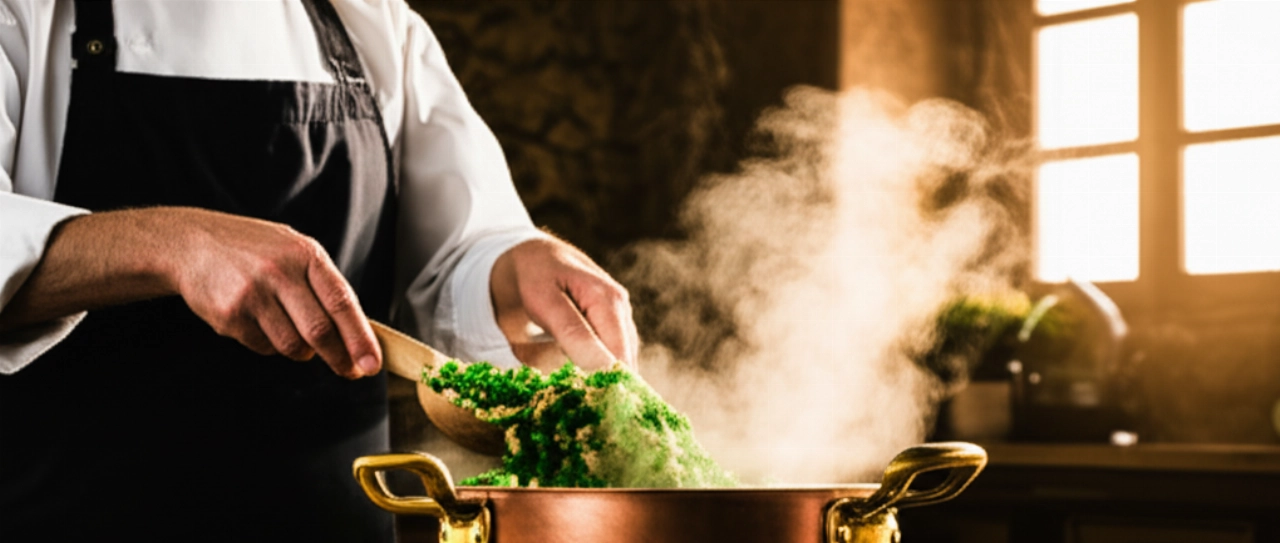 Chef caucásico profesional revolviendo Risi E Bisi en una olla de cobre en una cocina italiana, con vapor subiendo y luz dorada.